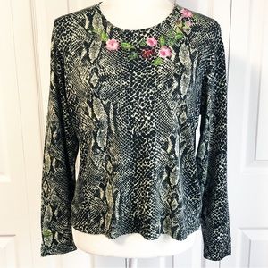 Lynn Ritchie Floral Embroidered Reptile Snakeskin Silk Top Medium